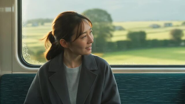 女性が田園風景の流れる車窓に微笑み週末の小旅行を楽しむ