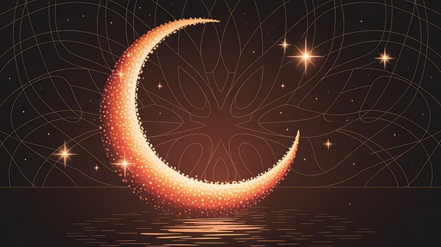 glowing crescent moon with stars and reflection on water at night