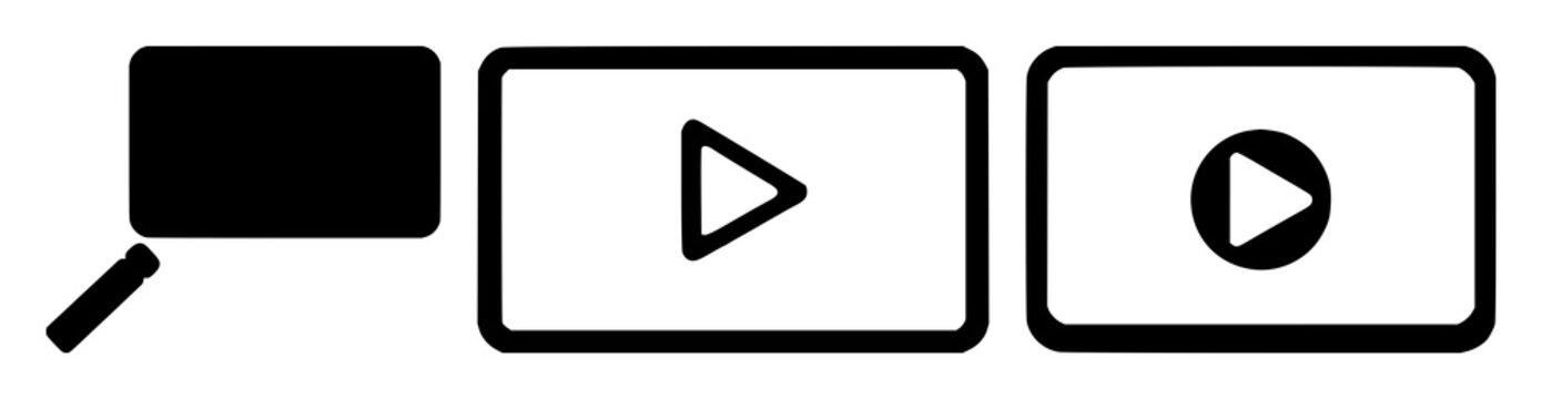 Solid black icon, white background: online course video set with simple line art design featuring outline, illustration, graphic elements with clean design and vector art