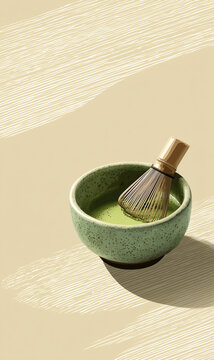 A green matcha bowl with texture, featuring a bamboo tea whisk inside the bowl and a beige background with white lines on it. Copy space for text.