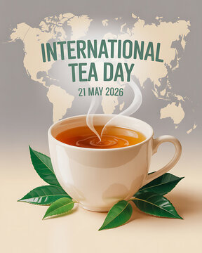 International tea day poster with a cup of tea and green leaves on a beige background with a world map