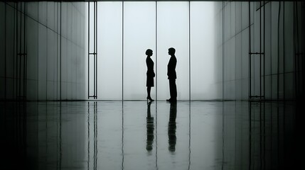 Fototapeta premium side silhouette of two professionals discussing in glass room, minimal shapes