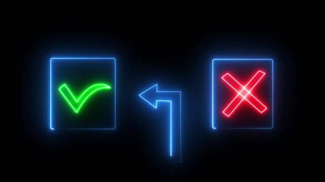 Neon green checkmark and red cross symbols with arrow on black background. decision making choice selection correct incorrect option selection concept. HD video motion graphic animation .