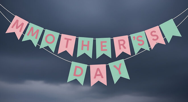 Decorative mother's day bunting banner with pink and green flags against a dark sky background for celebration with design element