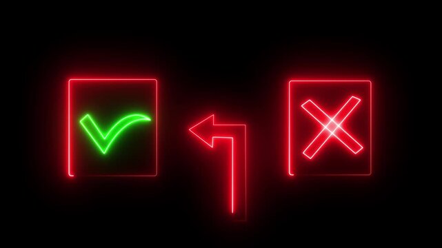 Neon green checkmark and red cross symbols with arrow on black background. decision making choice selection correct incorrect option selection concept. HD video motion graphic animation .