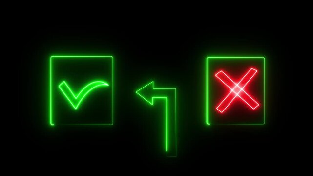 Neon green checkmark and red cross symbols with arrow on black background. decision making choice selection correct incorrect option selection concept. HD video motion graphic animation .