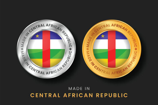 Circular gold and silver seals with the flag of Central African Republic. Premium "Made in CAR" labels for products, shipping, and manufacturing origin certificates.
