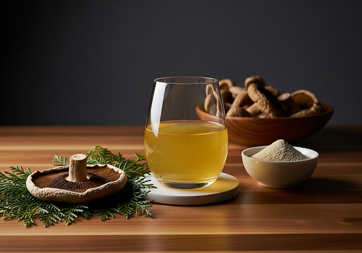 Gourmet mushroom elixir with fresh portobello, dried mushrooms, and powdered ingredients on a rustic wooden table against a dark background, mushroom powder