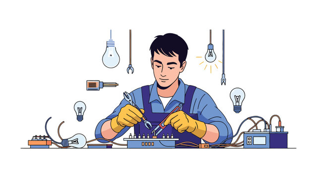 Skilled Electrician at Work: A diligent electrician meticulously examines electrical components on a workbench, surrounded by various tools, light bulbs, and equipment.
