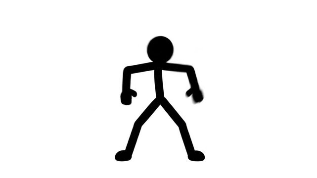 2D animation graphic. Black stick figure character performing dynamic dance pose on white background. Isolated. Motion.
