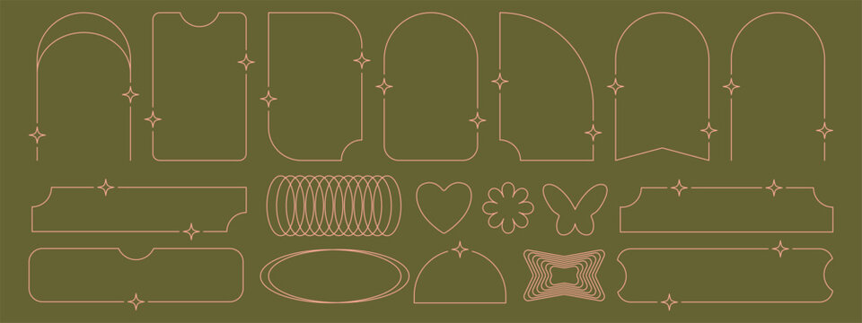 Collection of aesthetic, minimalist line art frames and borders featuring arches, geometric shapes embellished with sparkles