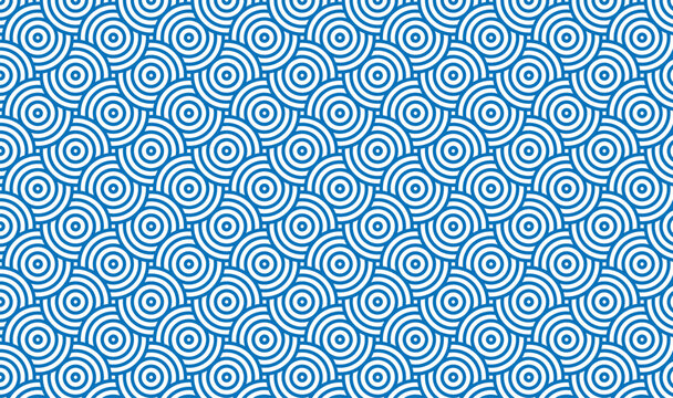 Seamless Blue and White Concentric Wave Pattern - Modern Japanese Seigaiha Geometric Background, Interlocking Bullseye Vector Texture for Summer Branding, Nautical Design, and Wallpaper 