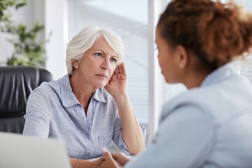 Fototapeta premium Elderly Woman Explaining Her Hearing Problems to an Audiologist