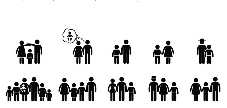 Collection of black silhouette pictograms depicting families parents children. Diverse family structures including couples and children, representing modern rel, vector illustration.