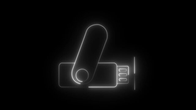 Animated pen drive black line icon. USB flash drive motion graphic. Data storage backup transfer device. icon animation representing portable data storage and technology black background. 4k video

