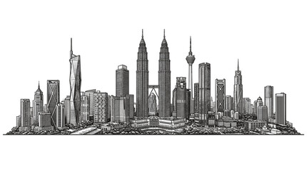 Naklejka premium A detailed black and white sketch of the Kuala Lumpur skyline, showcasing its iconic skyscrapers and urban landscape.