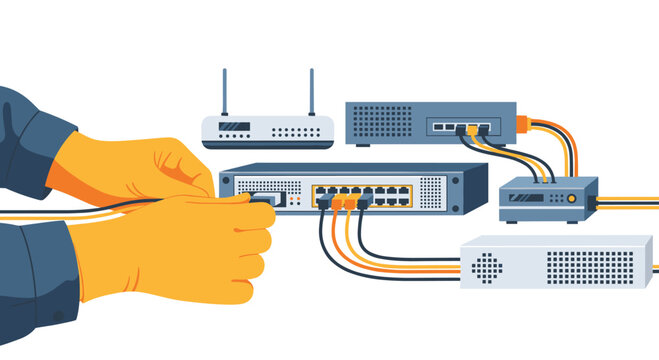 Two gloved hands are connecting a black network cable into a gray network switch surrounded by various interconnected network devices.