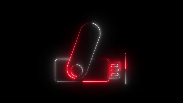 Animated pen drive black line icon. USB flash drive motion graphic. Data storage backup transfer device. icon animation representing portable data storage and technology black background. 4k video
