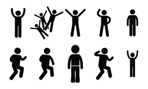 Set of Stick Figure Icons Showing Diverse Human Poses and Gestures of Movement and Expression pictogram, stick figure set, pictogram, stickman, vector illustration.