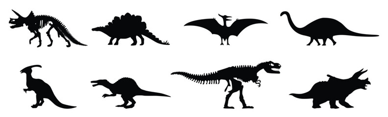 Various Dinosaur Species Silhouettes Collection Black of Prehistoric. Black silhouette Velociraptor dinosaurs in a grid, representing prehistoric times, ancient predators, vector illustration. © Faheembin