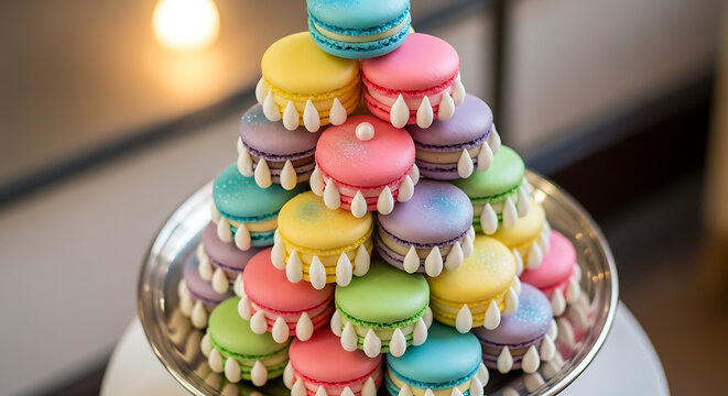 A colorful macaron tower on a silver platter in a bright room