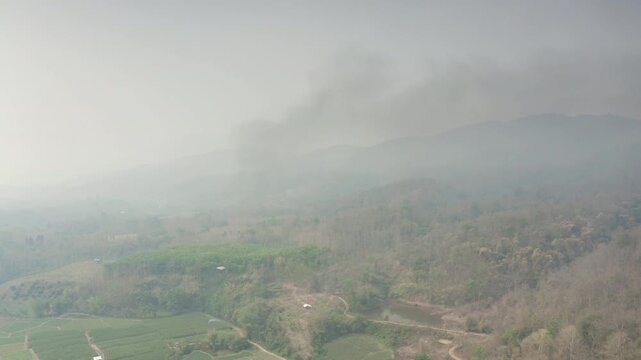Aerial footage presents panoramic view of rolling hills and lush green trees, covered by soft layer of mist, visible haze influenced by smoke from forest burning during dry season in northern Thailand