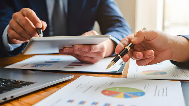 Close-up of business hands reviewing financial reports and charts, engaging in strategic planning and data analysis for future business development