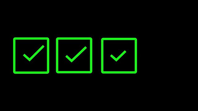 green check mark sign tick in blank white square check boxes on black background. 4k video motion graphic animation .