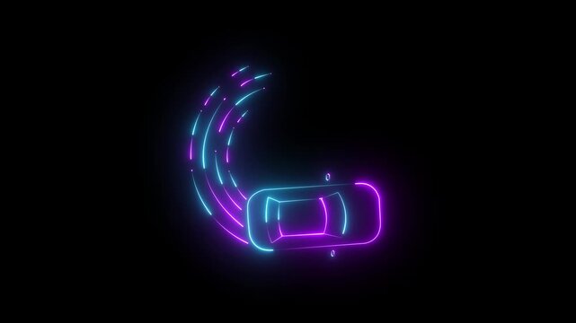 Glowing Neon car icon animation in black background. Fast speed car icon, Car Symbol. Car vehicle automobile transport travel drive road trip driver automotive front view icon animation. HD video 