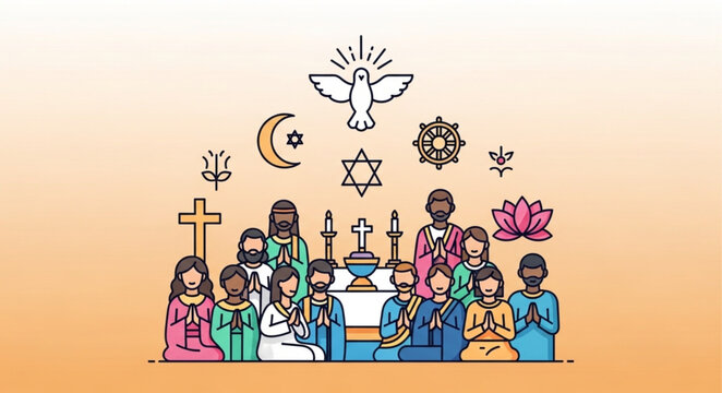 Diverse Religious Symbols and People Representing Interreligious Harmony and Tolerance.