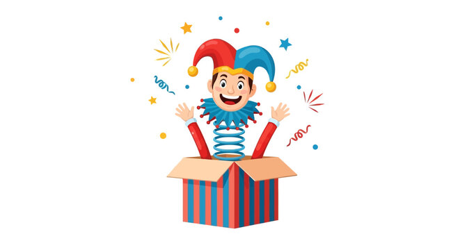 A colorful clown emerges from a red and blue striped box surrounded by festive confetti and stars on April Fools' Day