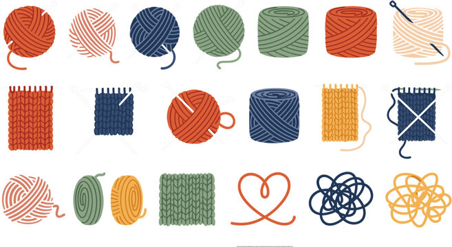 Knitting yarn balls, skeins and knitted fabric pieces collection with needles and threads, handmade crochet and knitting craft supplies vector illustration set