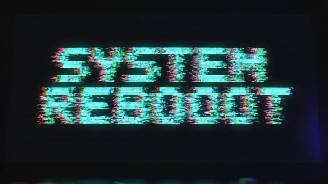 Medium shot frontal view. Digital glitch loading text 'SYSTEM REBOOT'. Retro 8 bit CRT scanline texture. Cyberpunk technology error corrupted data.