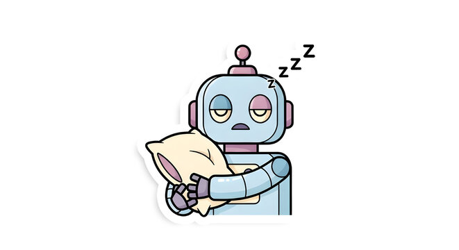 The robot character looks sleepy while holding a small pillow, ready to rest.