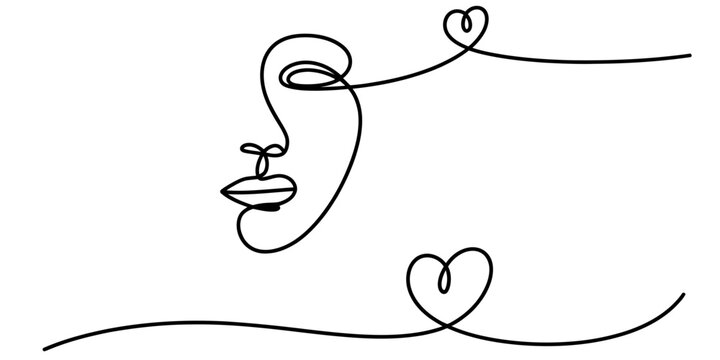 Minimalist continuous line art illustration featuring a human face profile and two small hearts