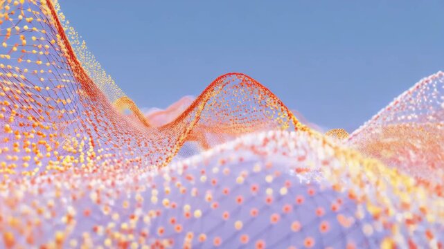 青空色の単色背景で、オレンジと青の点群メッシュが波打ち浮遊する