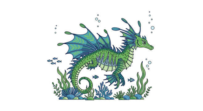A beautifully illustrated green leafy sea dragon with intricate blue-green fins gracefully swims among diverse underwater plants and small fish.