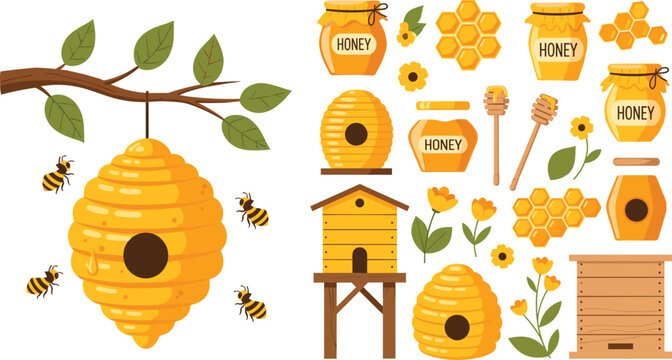 Honey and Beekeeping Vector Icon Set Featuring Beehives, Honey Jars, Bees, Honeycombs, Flowers, and Wooden Dippers for Organic Food and Apiary Designs