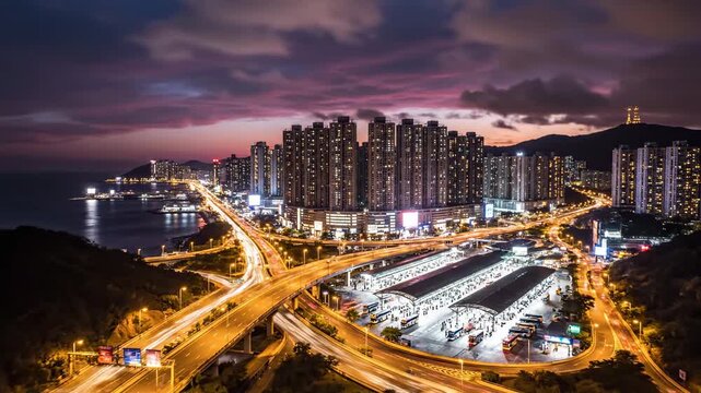 Stunning Aerial View of a Coastal City at Night with Illuminated Skyscrapers and Busy Highway Light Trails under a Purple Sunset Sky for Urban Development Documentaries and Travel Vlogs.