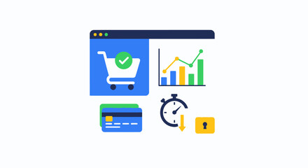 Fototapeta premium E-commerce Analytics & Secure Online Shopping Dashboard. Business Growth, Payment, Data Security & Efficiency.