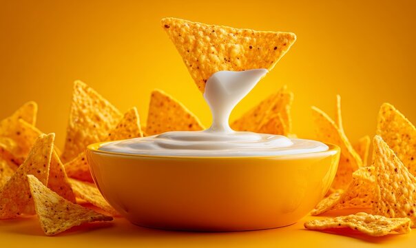 A delicious‑looking chip being immersed in white queso sauce
