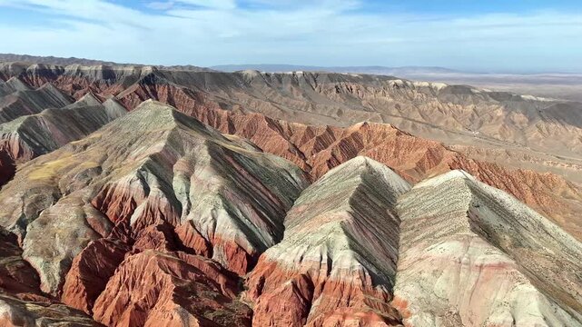 Cinematic aerial drone footage of Kizil Red Stone Forest in Baicheng County, Aksu, Xinjiang, China.
