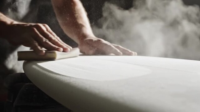 Professional Surfboard Shaping Close-up of Hands Sanding Foam Board with Flying Dust for Surfing Industry Documentaries.