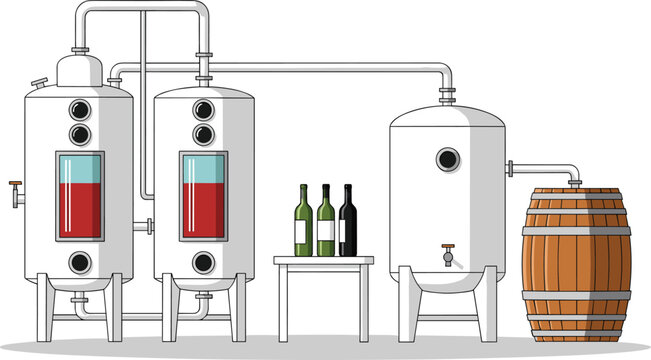 Industrial Wine Production Line Vector Featuring Fermentation Tanks Steel Vats Wooden Oak Barrel and Bottles for Winery Distillery and Alcohol Manufacturing Designs