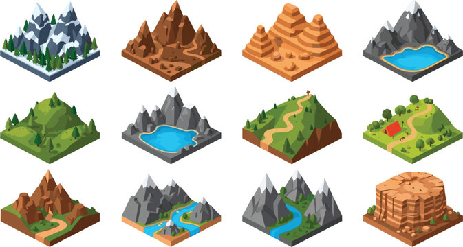 Isometric Mountain Landscape Vector Set with Rivers, Lakes, Hills, Forests, and Natural Terrain Map Elements for Game and Environment Design