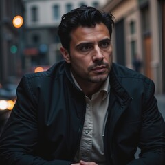 Obraz premium Cinematic portrait of a pensive young man in a black jacket sitting at an urban cafe, film still style, A moody, high-contrast cinematic portrait of a determined young man with dark hair and a beard
