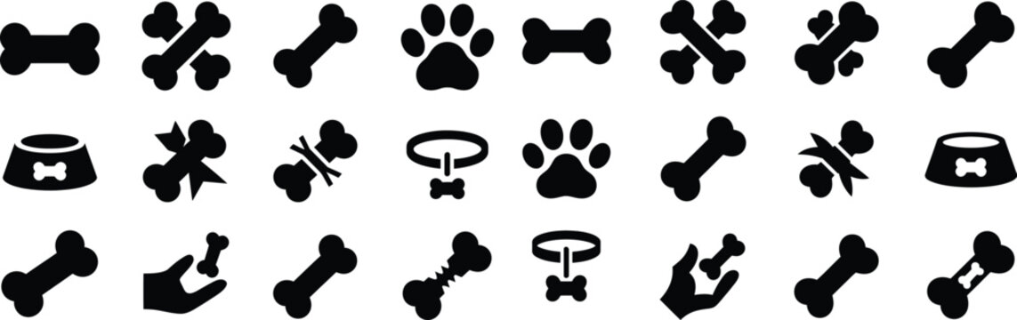 Dog bone and pet accessory silhouette icons set. Paw print, bowl, collar vector illustration