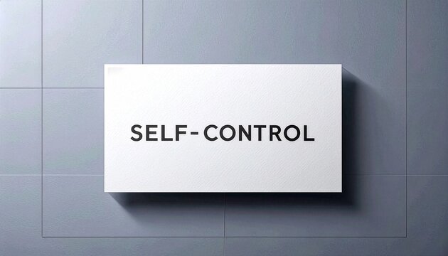 A white rectangular card prominently displays the phrase "SELF-CONTROL" in bold black letters, set against a geometric tiled gray background.