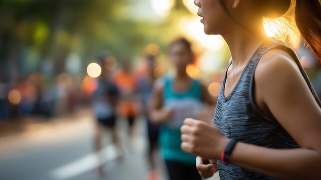 Blurred motion of faceless female runners competing in an outdoor marathon race. Defocused background. Female marathon blur, outdoor race, running competition, athletic motion,,