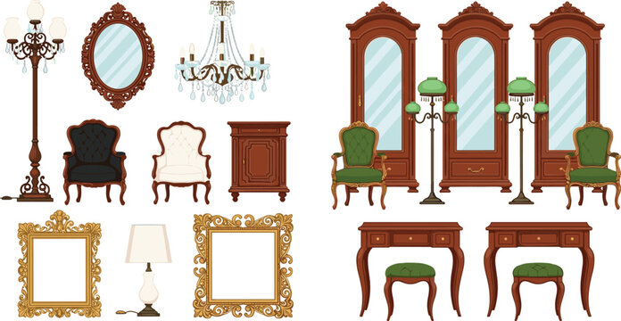 Luxury Antique Furniture and Home Decor Vector Set Featuring Crystal Chandeliers Gold Ornate Frames Classic Armchairs and Elegant Vanity Desks for Interior Design